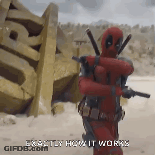 Deadpool Is Holding A Gun And Hugging A Woman In A Desert While Saying Exactly How It Works . GIF