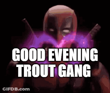 Deadpool Is Making A Heart With His Hands And Says `` Good Evening Trout Gang '' GIF