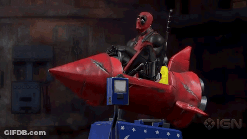 Deadpool Is Riding A Red Rocket With Ign Written On The Bottom GIF