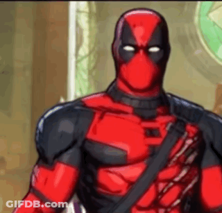 Deadpool Is Wearing A Red And Black Superhero Costume And Holding A Sword . GIF