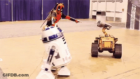 Deadpool Man Next To R2D2 And Wall E GIF