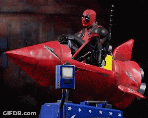 Deadpool Riding Red Rocket With Gas Pump GIF