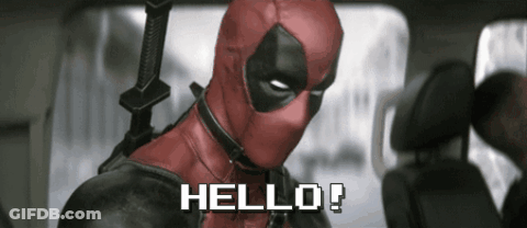 Deadpool Says Hello While Holding A Sword Behind His Back GIF
