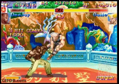 Deejay And Guile Are Fighting In A Video Game That Says 3 Hit Combo 1600 On The Screen GIF