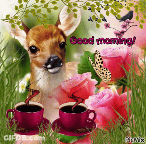 Deer With Two Cups Of Coffee Saying Good Morning GIF