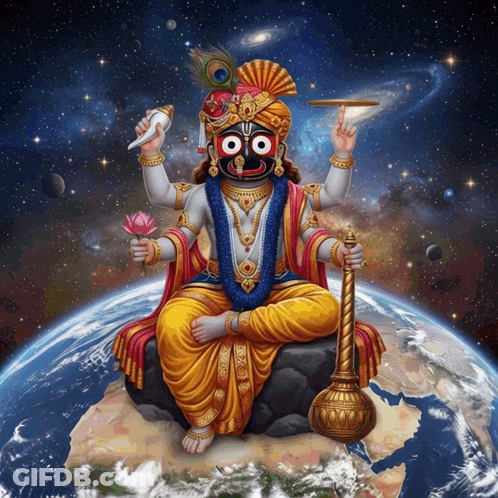 Deity Sitting On Earth Holding Conch Shell GIF