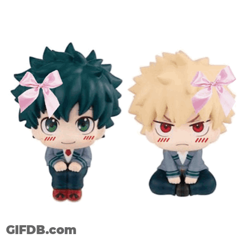 Deku And Bakugo From My Hero Academia Are Sitting Next To Each Other With Bows On Their Heads . GIF