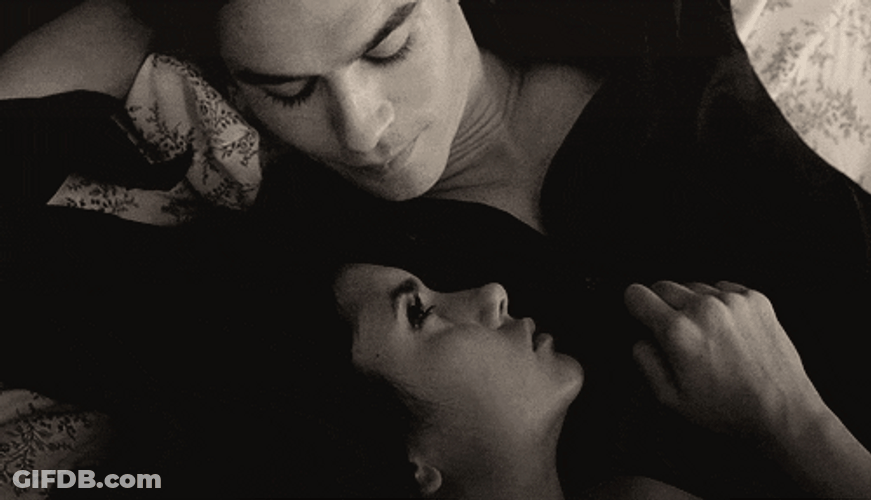 Delena Vampire Diaries Stare Cuddle Bed GIF