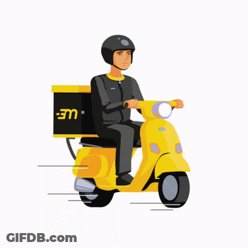 Delivery Man Riding Yellow Scooter With Box Saying We GIF
