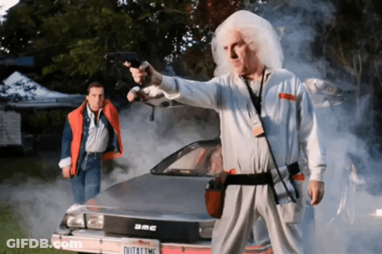 Delorean Men Dressed As Back To Future Characters GIF