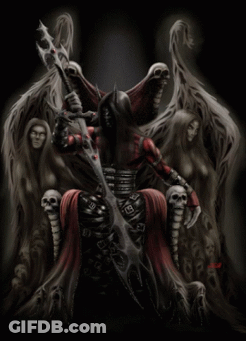 Demon Holding Sword Surrounded By Skulls JCS GIF