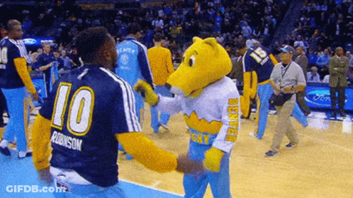 Denver Mascot Shaking Hands With Basketball Player GIF