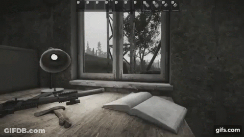 Desk With Book And Rifle GIF