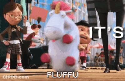 Despicable Me Stuffed Unicorn Standing Next To Girl On Wooden Floor GIF