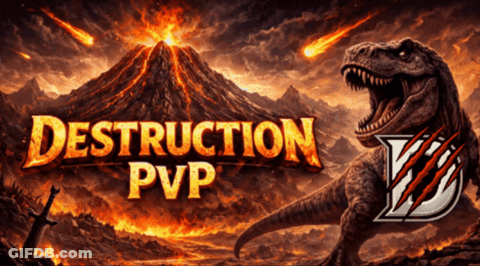 Destruction PvP Poster With T-Rex And Volcano GIF