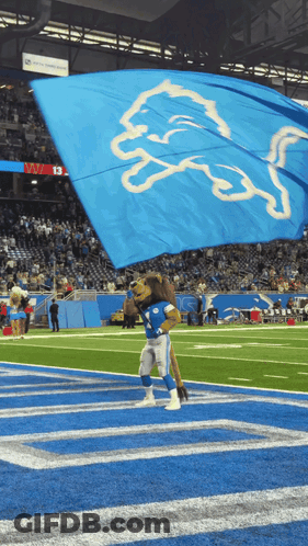 Detroit Lions Mascot Waving Blue Flag GIF