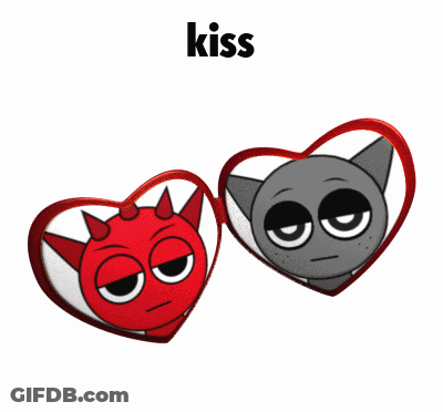 Devil And Cat In Heart Frame With Kiss GIF