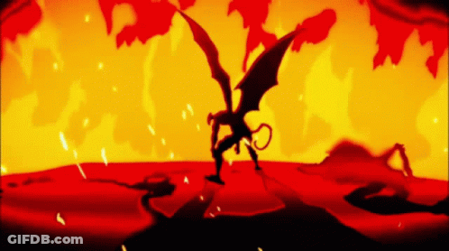 Devil Silhouette With Wings And Horns In Front Of Fire GIF