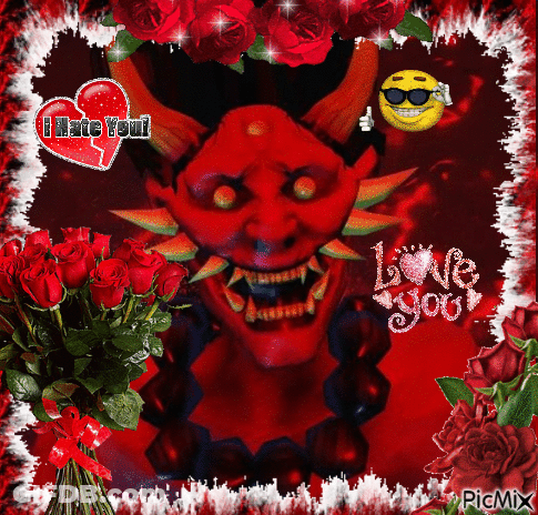 Devil Surrounded By Red Roses Saying I Hate You GIF