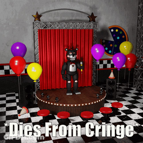 Dies From Cringe Poster With Teddy Bear On Stage GIF