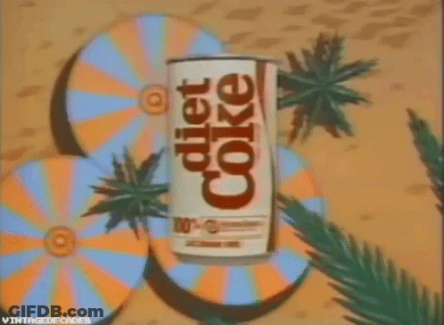 Diet Coke Can Surrounded By Umbrellas And Palm Trees GIF