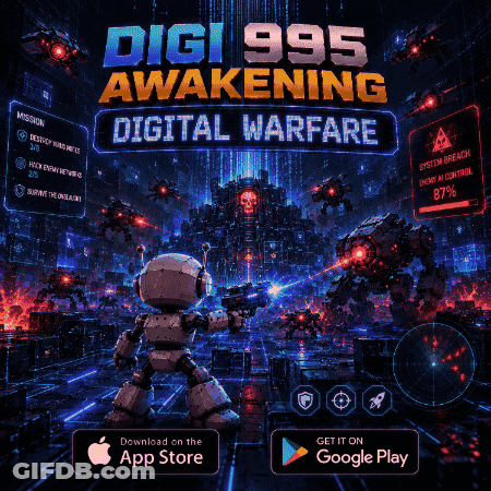 Digi 995 Awakening Digital Warfare Robot Holding Gun GIF