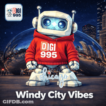 Digi 995 Chicago Windy City Vibes Poster With A Robot On It GIF