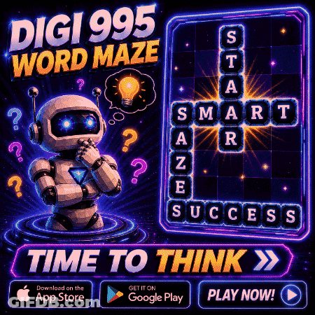 Digi 995 Word Maze Advertisement With Robot Thinking GIF