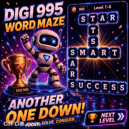 Digi 995 Word Maze Robot Holding Trophy GIF