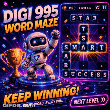Digi 995 Word Maze Robot Holding Trophy GIF