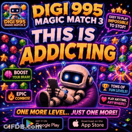 Digi995 Magic Match 3 Robot Holding Cell Phone GIF