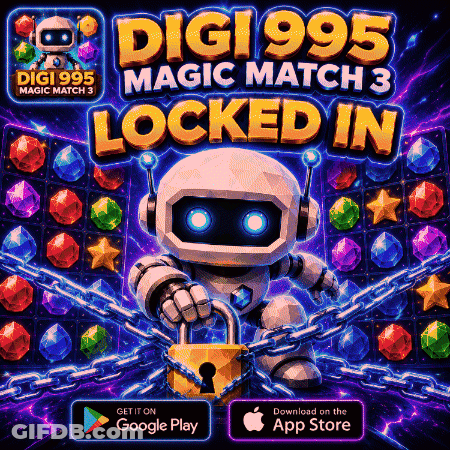 Digi995 Magic Match 3 Robot Holding Padlock Surrounded By Chains GIF