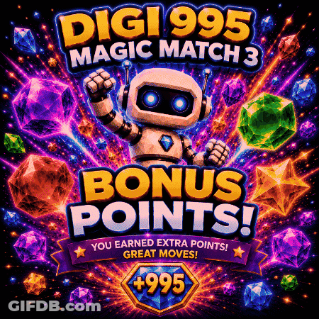 Digi995 Magic Match 3 Robot Surrounded By Gems GIF