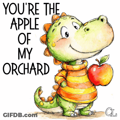 Dinosaur Holding Apple Saying You're The Apple Of My Orchard GIF
