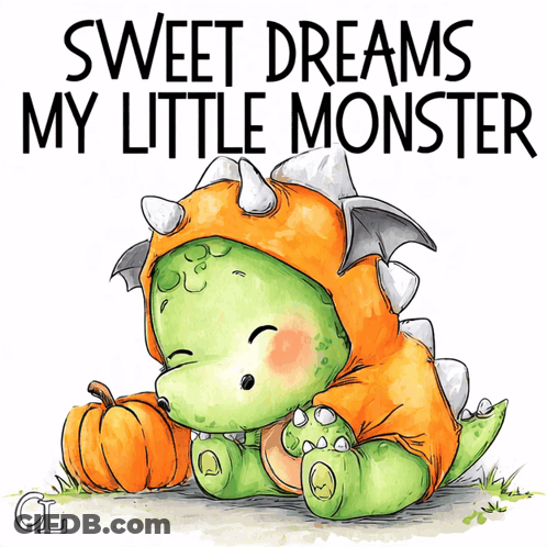 Dinosaur Holding Pumpkin Sweet Dreams My Little Monster GIF