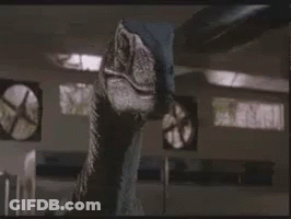 Dinosaur In Room With Fans GIF
