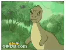 Dinosaur Standing In Jungle With Yellow Box Saying ABC GIF