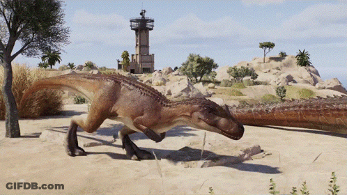Dinosaur Walking In Sand With Tower GIF