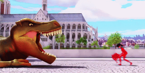 Dinosaur With Mouth Open And Man Running GIF
