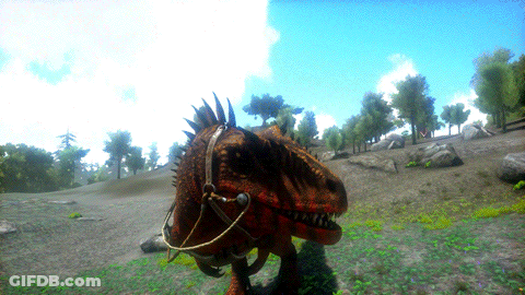 Dinosaur With Saddle Walking Through Field GIF
