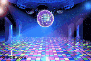 Disco Ball Hanging Above Colorful Dance Floor GIF