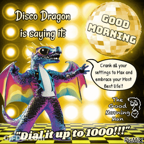 Disco Dragon Saying Good Morning With Disco Ball GIF