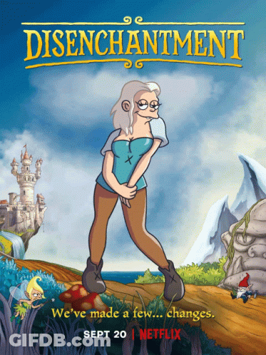 Disenchantment Poster Woman In Blue Top And Brown Pants GIF