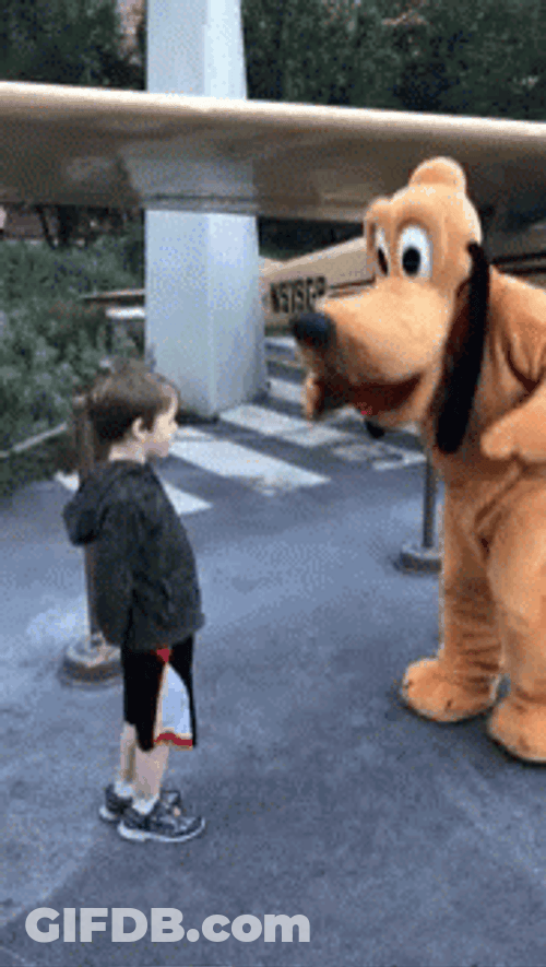 Disney Pluto Mascot Hugging Kid GIF