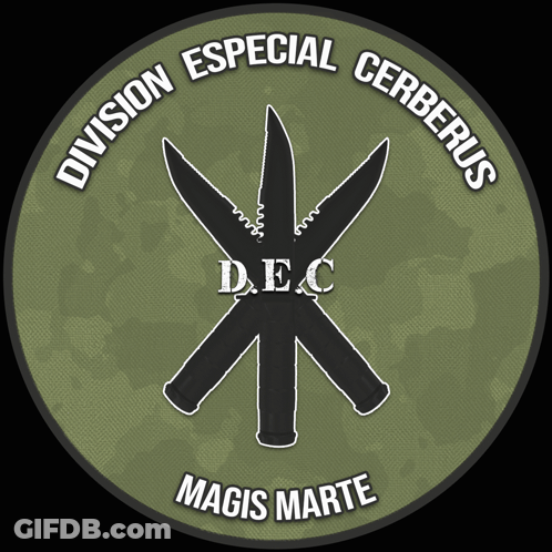 Division Especial Cerberus Logo Three Knives Marijuana Leaf GIF