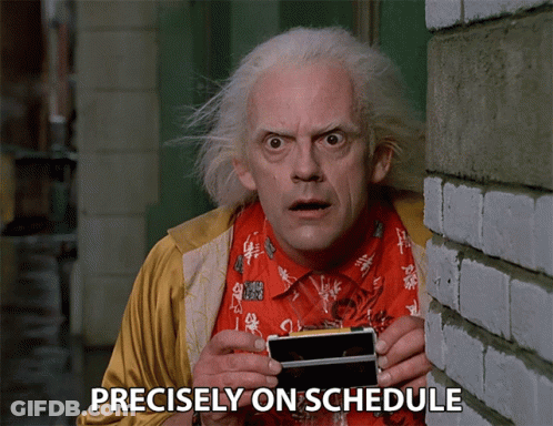 Doc Brown From Back To The Future Is Holding A Cell Phone In Front Of A Brick Wall With The Words Precisely On Schedule GIF