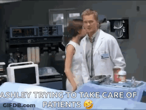 Doctor And Nurse Kissing While Ashley Tries To Help Patients GIF