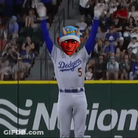 Dodgers Baseball Player In Devil Mask Raising Arms GIF