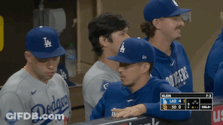 Dodgers Baseball Players Sitting In Dugout GIF