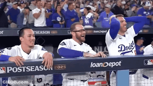 Dodgers Baseball Players Sitting On Dugout GIF